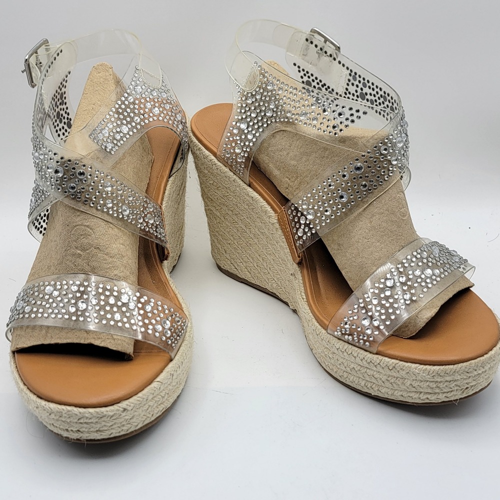 torrid Clear Rhinestone Espadrille Wedge Sandals - Clear/Beige